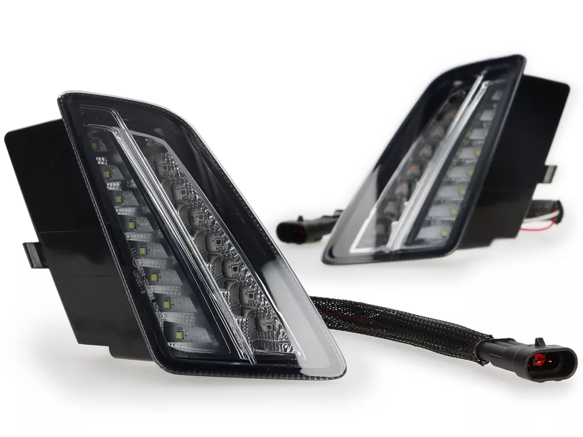 Juego de intermitentes delantero+trasero -MOTO NOSTRA- luz de marcha LED dinámica, luz de marcha diurna delantera + luz de posición trasera (E-mark)- Vespa GTV, GTS 125-310 Keyless - ahumado