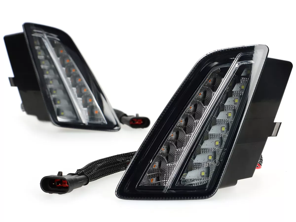 Juego de intermitentes delantero+trasero -MOTO NOSTRA- luz de marcha LED dinámica, luz de marcha diurna delantera + luz de posición trasera (E-mark)- Vespa GTV, GTS 125-310 Keyless - ahumado