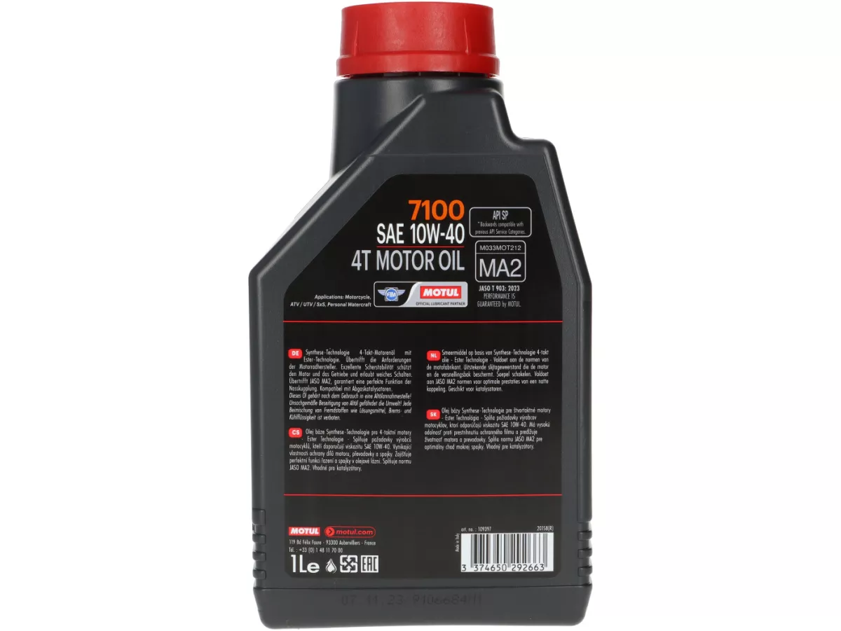 Aceite - Aceite de motor -MOTUL 7100- 4 tiempos SAE 10W-40 totalmente sintético (Jaso MA2)- 1000ml - recomendado por Kingwelle como aceite de engranajes para Vespa Classic Smallframe//Largeframe