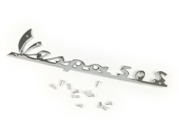 Benplåt med texten -PREMIUM- Vespa 50S - Vespa 50S (V5SA1T -57177) - 148x40mm - Fästning med nitar (7 st.) - krom