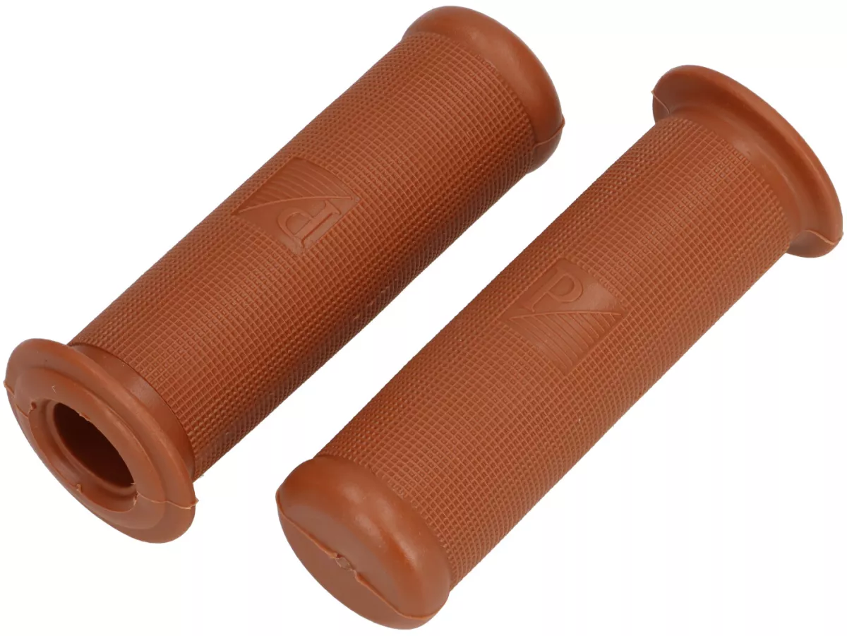 Pair of grips -PREMIUM- Vespa vintage Ø=21mm l=120mm, Piaggio rectangular logo (-1968)- VNB3T, VNB4T, VNB5T, VB1T, VBA, VBB, VGL1T, Touren, T4 (VGLA, VGLB), GS150 (VS2-5), GS160/GS4 - brown