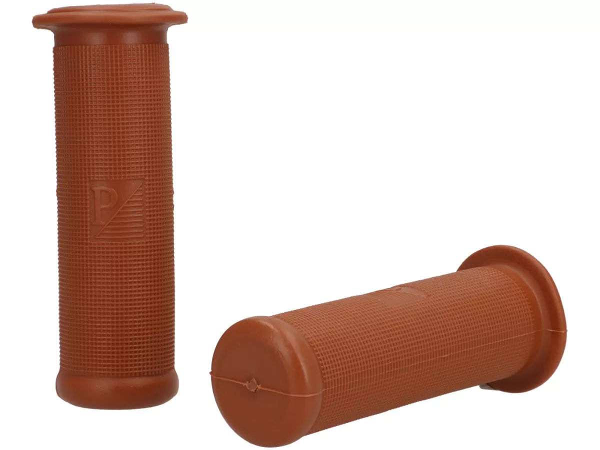 Pair of grips -PREMIUM- Vespa vintage Ø=21mm l=120mm, Piaggio rectangular logo (-1968)- VNB3T, VNB4T, VNB5T, VB1T, VBA, VBB, VGL1T, Touren, T4 (VGLA, VGLB), GS150 (VS2-5), GS160/GS4 - brown