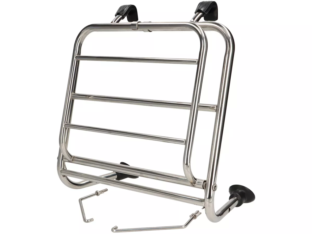 Porte-bagages avant rabattable -PREMIUM- Vespa Wideframe, Vespa Largeframe Rally180, Vespa Rally200, Sprint150, TS125, GT125, GTR125, Vespa PX80, PX125, PX150, PX200 - Acier inoxydable