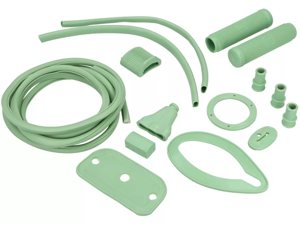 Rubber parts set -PREMIUM- Vespa Wideframe lamp bottom / Faro Basso V1-15, V30-33, VU, VM, VN, ACMA, VL, VB, VGL1 - pale green (RAL6021) - 15 parts