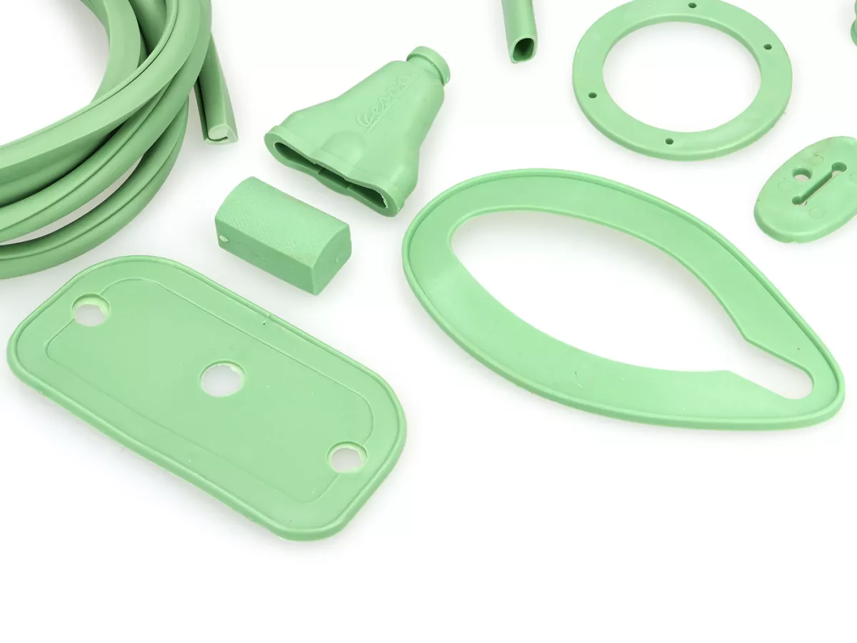 Rubber parts set -PREMIUM- Vespa Wideframe lamp bottom / Faro Basso V1-15, V30-33, VU, VM, VN, ACMA, VL, VB, VGL1 - pale green (RAL6021) - 15 parts