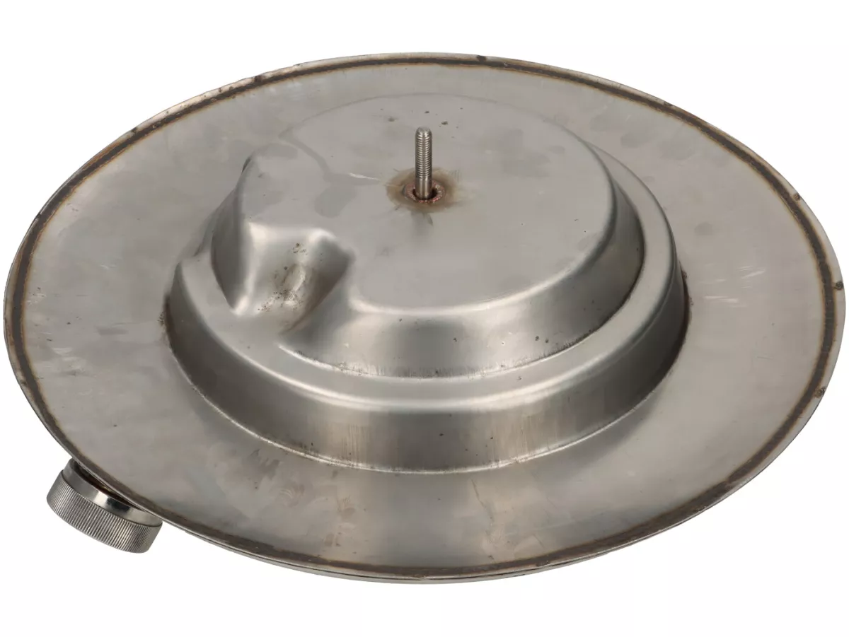 Depósito de reserva en el soporte de la rueda de repuesto detrás del protector de piernas -PREMIUM 5 litros- Vespa GS 150 (VS1T, VS2T, VS3T, VS4T, VS5T), GS3 - acero inoxidable pulido