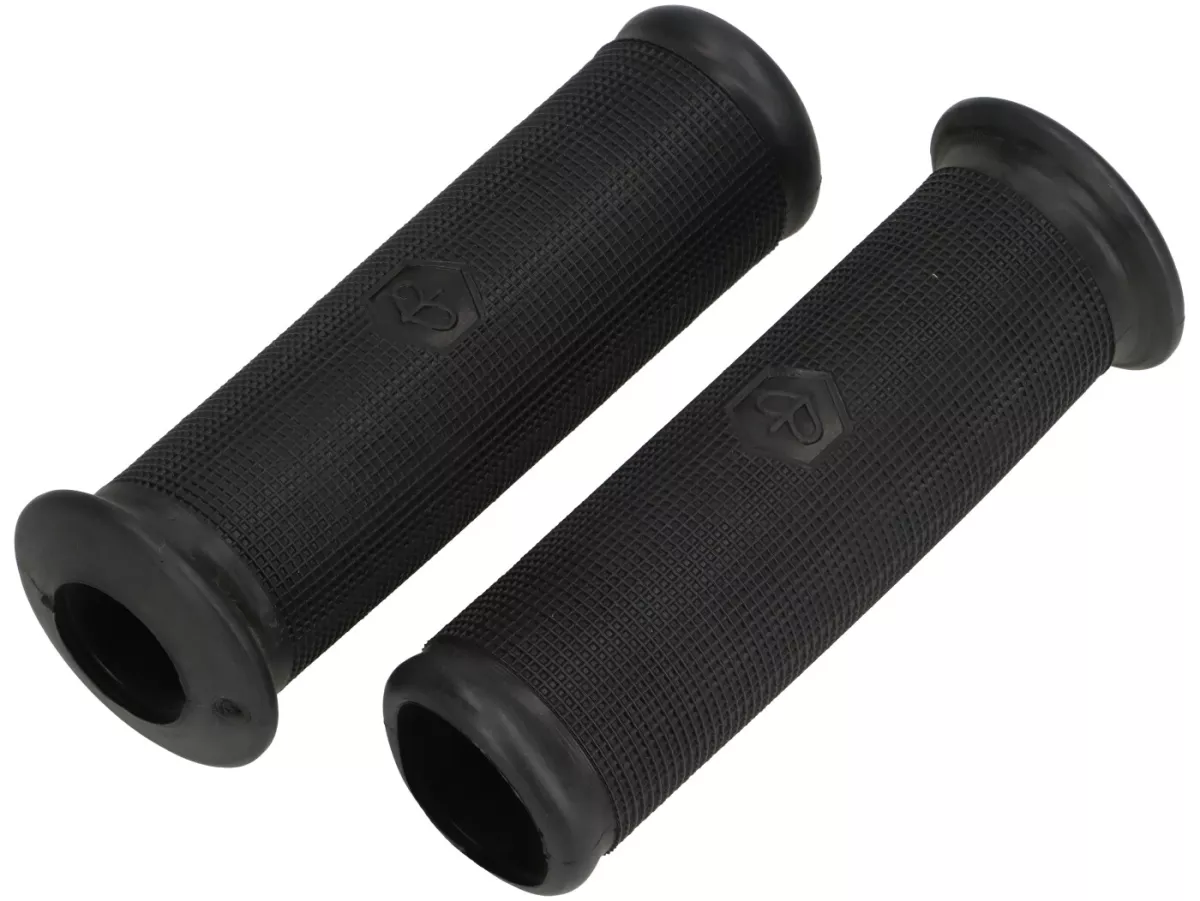 Pair of grips -PREMIUM for handlebar indicators Ø=24mm l=120mm, Piaggio hexagonal logo (1968-)- Vespa Rally200 (VSE1T), Sprint150 (VLB1T), 50SR/Sprinter (V5SS2T), 90 Racer (V9SS2T) PV125 (VMA2T), ET3 (VMB1T) - black