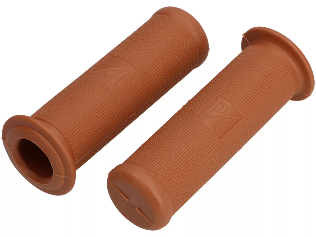 Pair of grips -VESPA Ø=24mm, l=125mm, Piaggio rectangular logo- Vespa 50N, 50L, 50R, SS50, SS90, PV125, VNA, VNB1-2, GT125 (VNL2T), GL150 (VLA1T), Super 125/150 (VNC1T/VBC1T), Sprint150 (VLB1T), SS180 (VSC1T) - fits also Vespa PE/PX, PK - brown