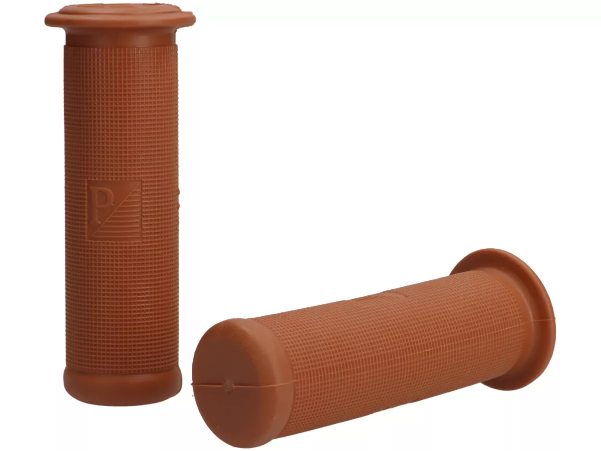 Pair of grips -VESPA Ø=24mm, l=125mm, Piaggio rectangular logo- Vespa 50N, 50L, 50R, SS50, SS90, PV125, VNA, VNB1-2, GT125 (VNL2T), GL150 (VLA1T), Super 125/150 (VNC1T/VBC1T), Sprint150 (VLB1T), SS180 (VSC1T) - fits also Vespa PE/PX, PK - brown