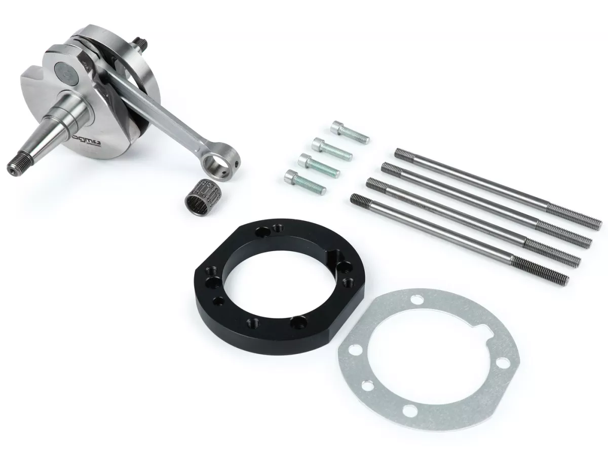 Adapter plate set cylinder incl. crankshaft -J&G 2% special by WT- for fitting PX200 original/BGM cylinder (Ø66.5mm) on engine casing PX125, PX150, Cosa125, Cosa150, Sprint Veloce150 (VLB1T 294260-), GTR125 (VNL2T 145901-), Super150 (VBC1T 412374-), TS125