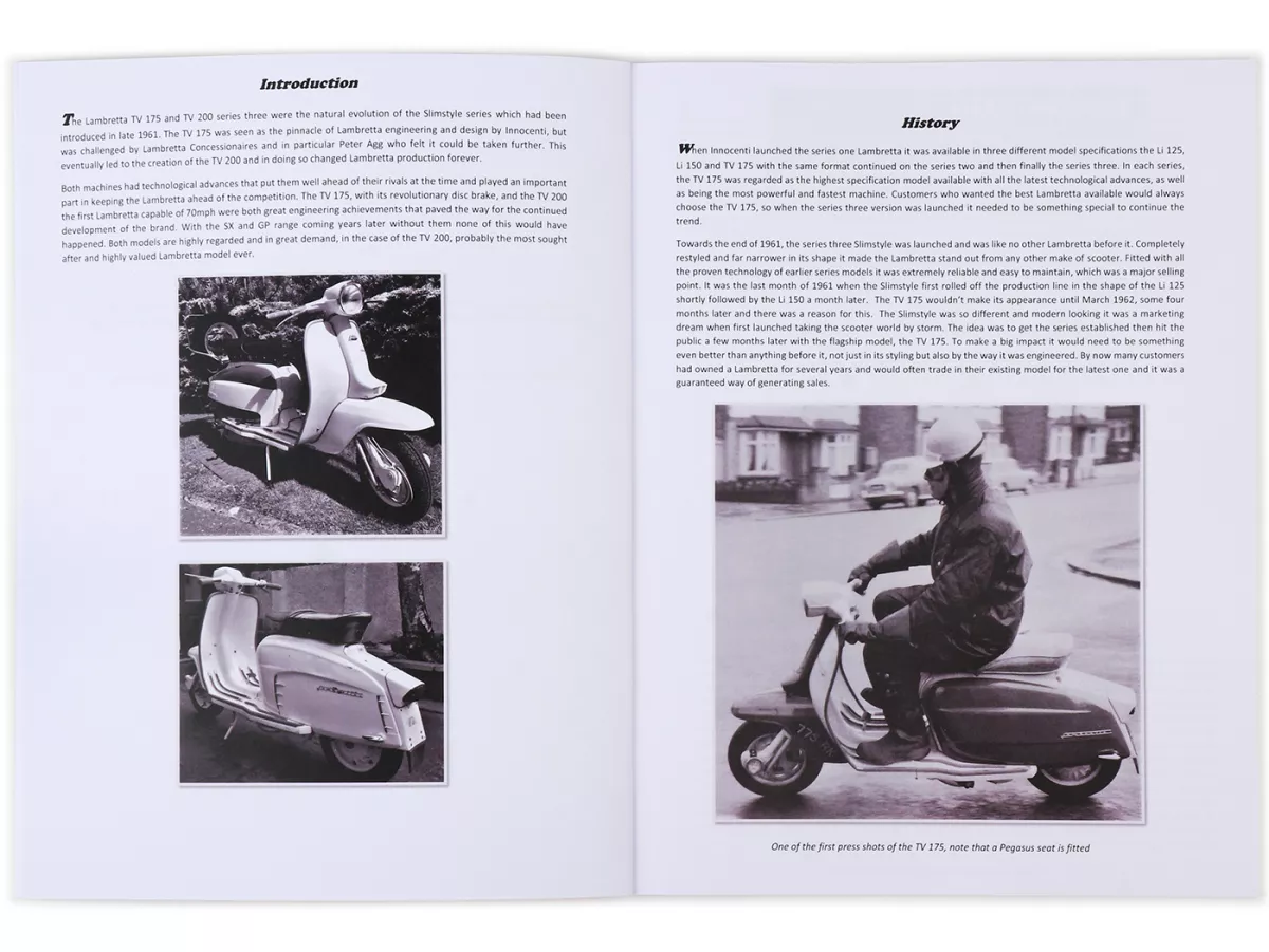 Book -THE HISTORY GUIDE OF THE LAMBRETTA TV 175 AND TV / GT 200 The Lambretta history series- A4, 40 pages, English by Stuart Owen
