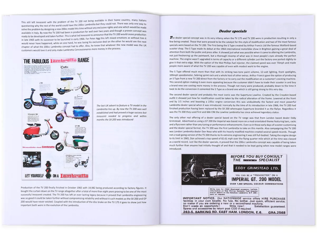 Book -THE HISTORY GUIDE OF THE LAMBRETTA TV 175 AND TV / GT 200 The Lambretta history series- A4, 40 pages, English by Stuart Owen