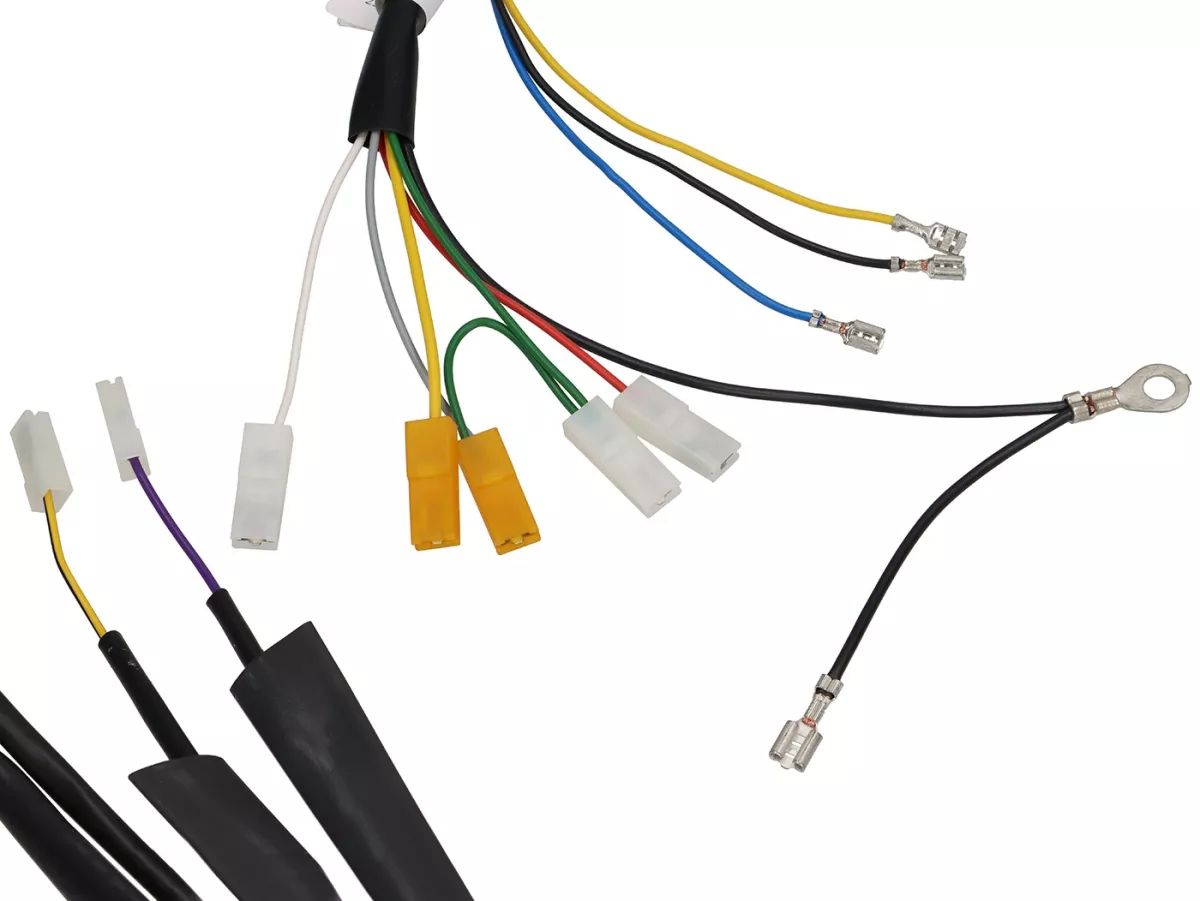 Juego de cables -PIAGGIO- Vespa PX antigua (Italia), 1981-1983, con regulador de tensión, con intermitentes, sin batería, claxon AC (buzzer), placa base de encendido con 3 cables