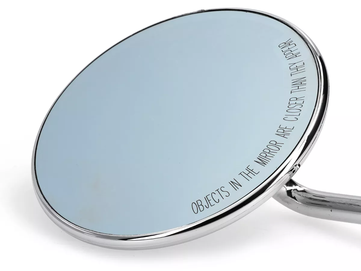 Mirror -FAR Ø110mm, l=220mm- chrome Vespa PX - round - left - incl. holder - with E-mark - also suitable for Vesp aV50, 50N, PV125, ET3, Rally, Sprint, PX, Super, TS125, GT125, GTR125, GL150, SS180