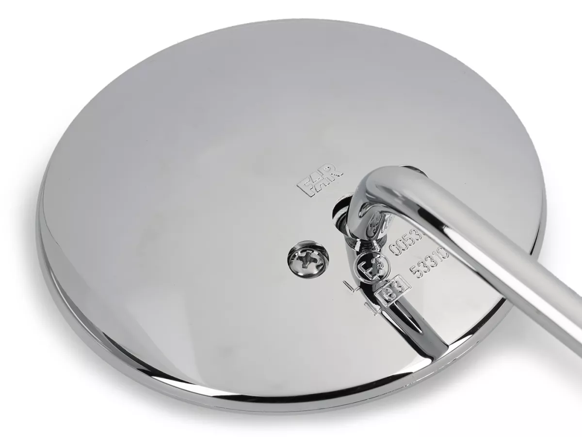 Mirror -FAR Ø110mm, l=220mm- chrome Vespa PX - round - left - incl. holder - with E-mark - also suitable for Vesp aV50, 50N, PV125, ET3, Rally, Sprint, PX, Super, TS125, GT125, GTR125, GL150, SS180