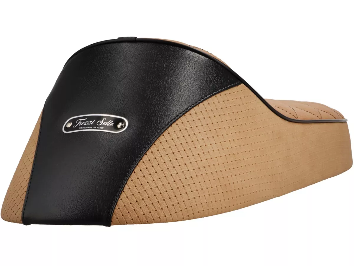 Selle -SC ANCELOTTI Special Type - Vespa V50, PV125, ET3 - matelassé marron clair - passepoil noir