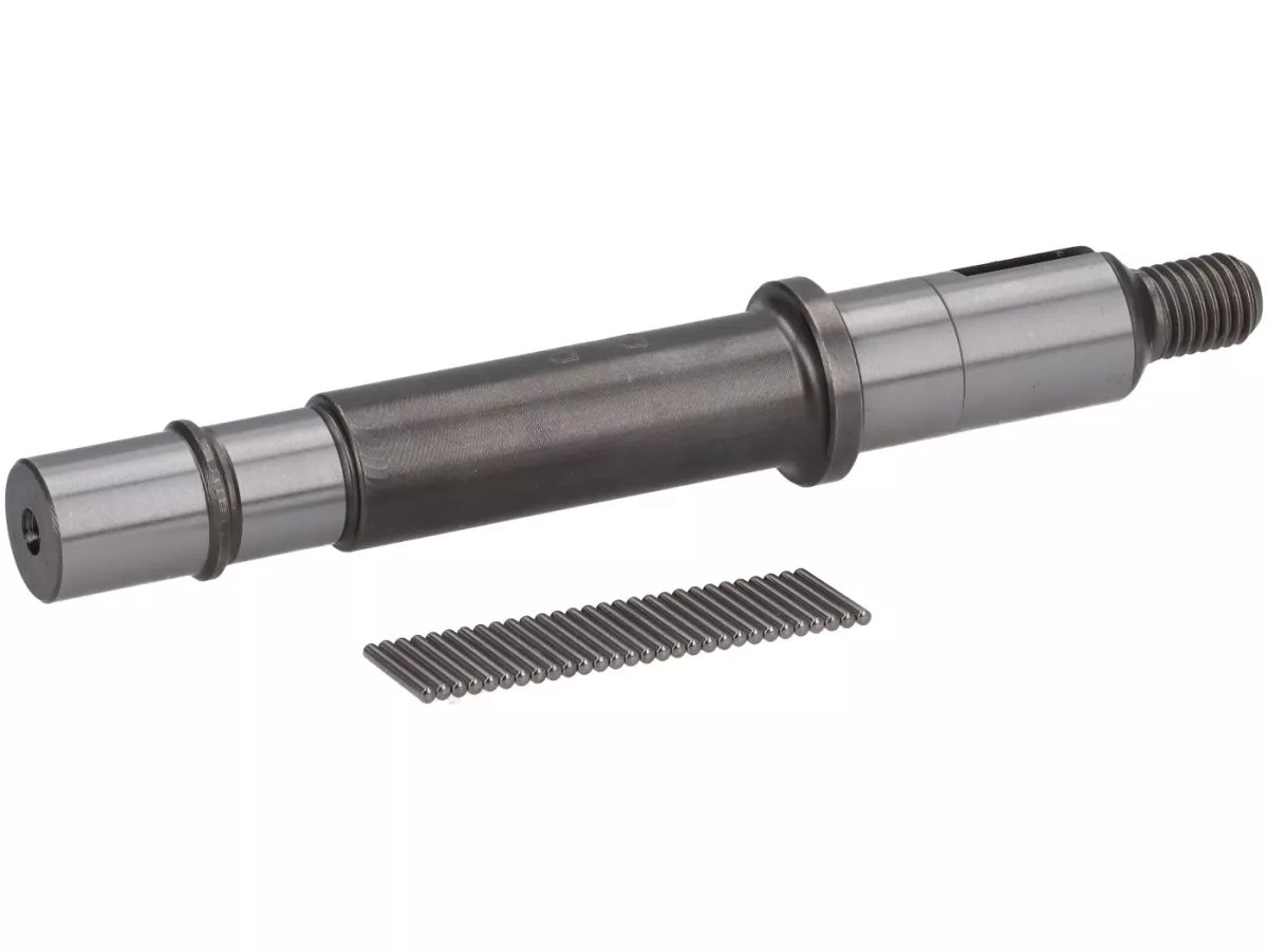 PTO shaft -BENELLI reinforced- Vespa Largeframe PX125, PX150, PX200, Cosa, T5 125cc - bearing seat: Ø=15mm, bushing: Ø=13mm, length: 121mm - thick shaft with thin needles