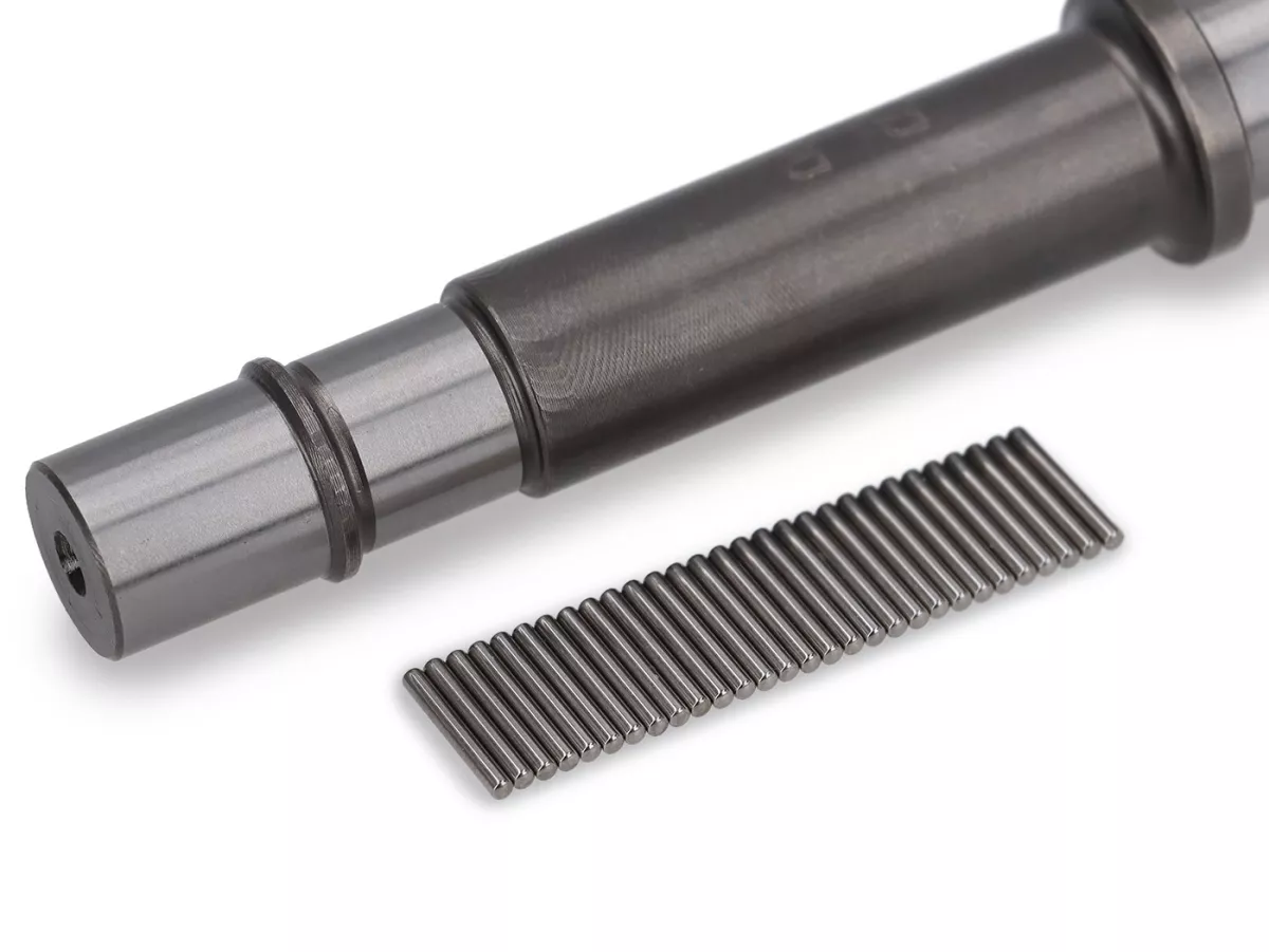 PTO shaft -BENELLI reinforced- Vespa Largeframe PX125, PX150, PX200, Cosa, T5 125cc - bearing seat: Ø=15mm, bushing: Ø=13mm, length: 121mm - thick shaft with thin needles