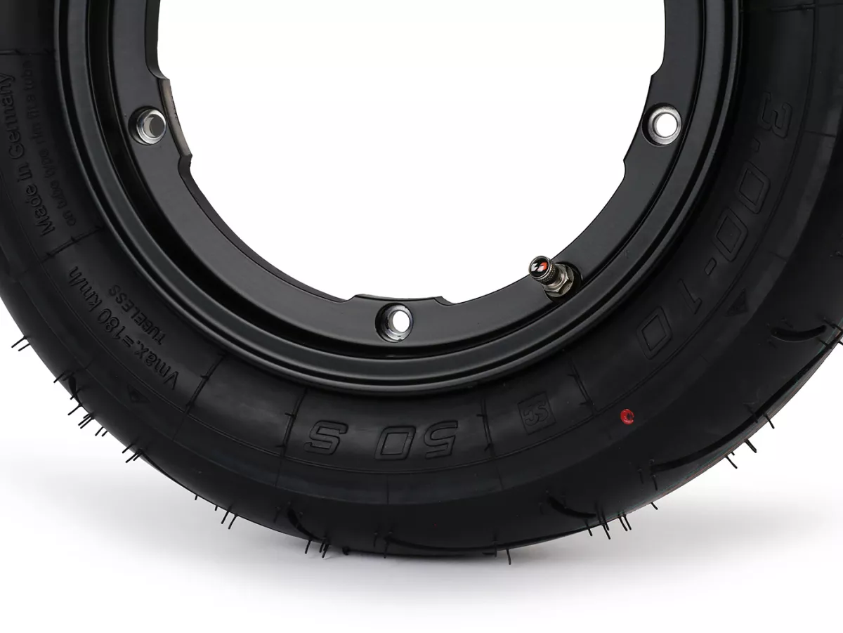 Roda lengkap - BGM Pro Superstrong - BGM Sport, tubeless, Vespa Smallframe V50, PK, Primavera, ET3- 3.00 - 10 inci TL 50S (diperkuat) - pelek 2.10-10 - hitam matt