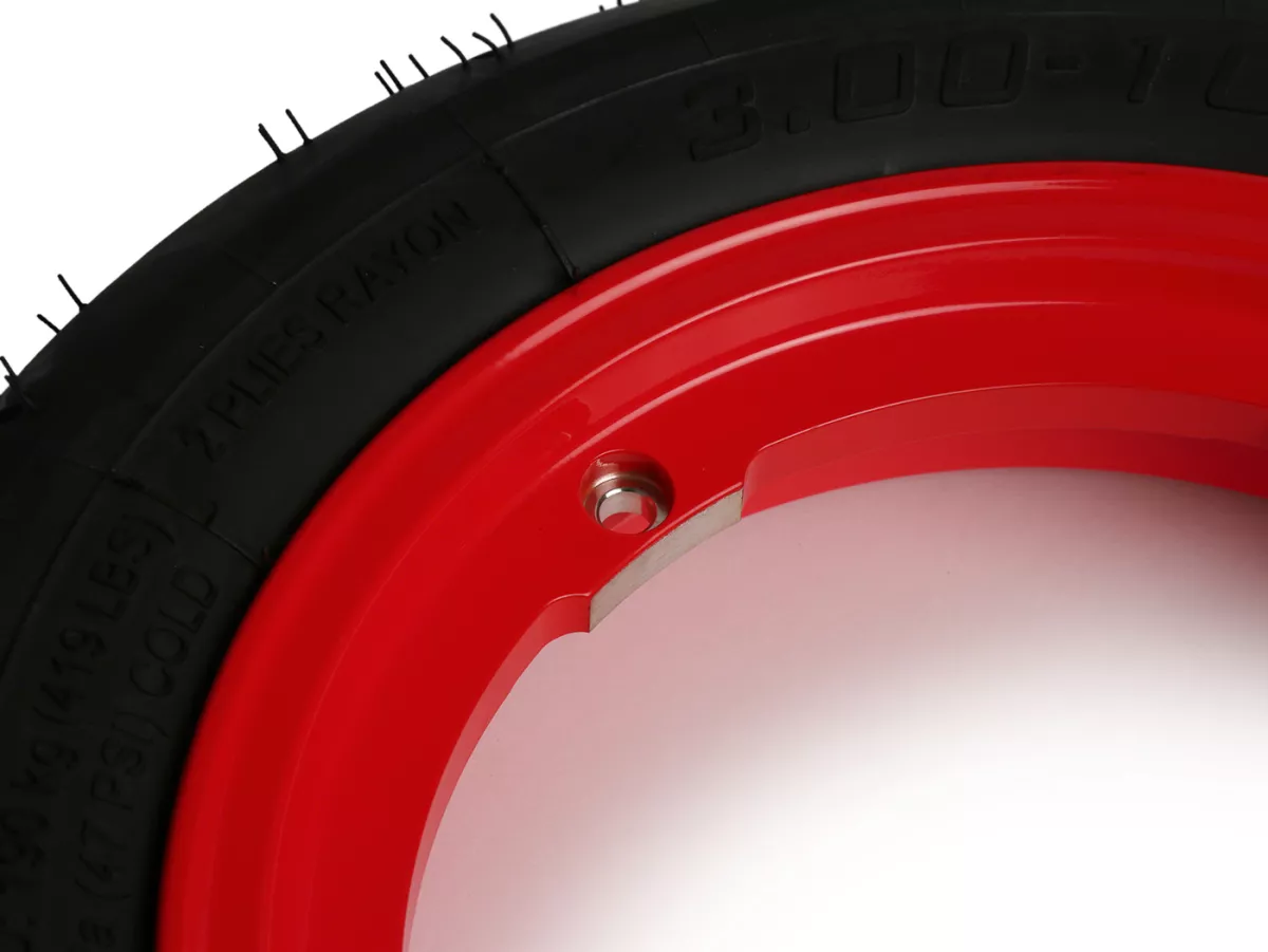 Komplettrad - BGM Pro Superstrong - BGM Sport, schlauchlos, Vespa Smallframe V50, PK, Primavera, ET3- 3.00 - 10 Zoll TL 50S (reinforced) - Felge 2.10-10 - rot