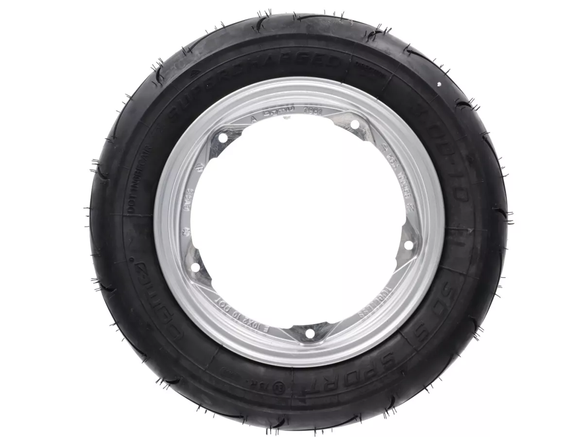 Roda lengkap - BGM Pro Superstrong - BGM Sport, tubeless, Vespa Smallframe V50, PK, Primavera, ET3- 3.00 - 10 inci TL 50S (diperkuat) - pelek 2.10-10 - perak