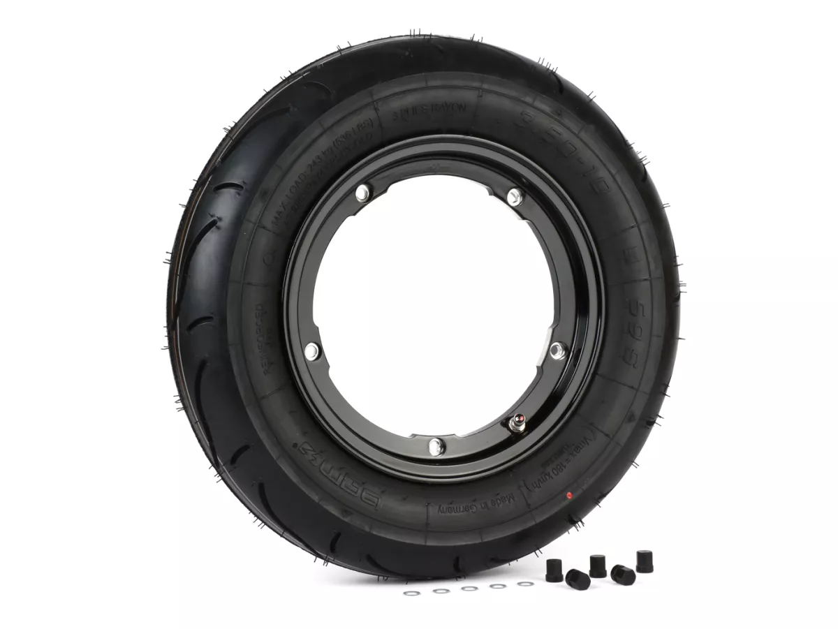 Roda lengkap - BGM Pro Superstrong - BGM Sport, tubeless, Vespa Largeframe PX, Sprint, Rally, GT, GTR, TS, T4, LML Star/Stella- 3.50 - 10 inci TL 59S (diperkuat) - pelek 2.10-10 hitam mengkilap