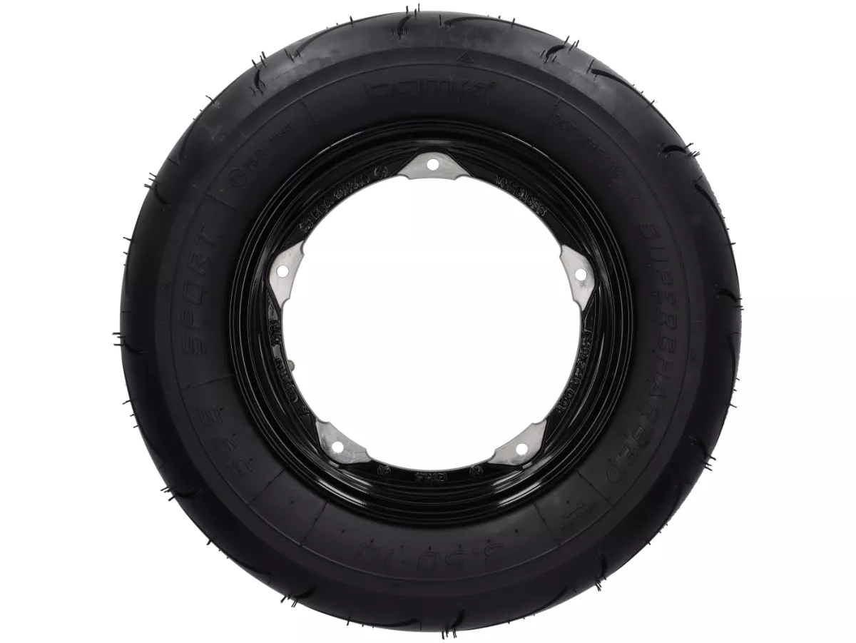 Roda lengkap - BGM Pro Superstrong - BGM Sport, tubeless, Vespa Largeframe PX, Sprint, Rally, GT, GTR, TS, T4, LML Star/Stella- 3.50 - 10 inci TL 59S (diperkuat) - pelek 2.10-10 hitam mengkilap