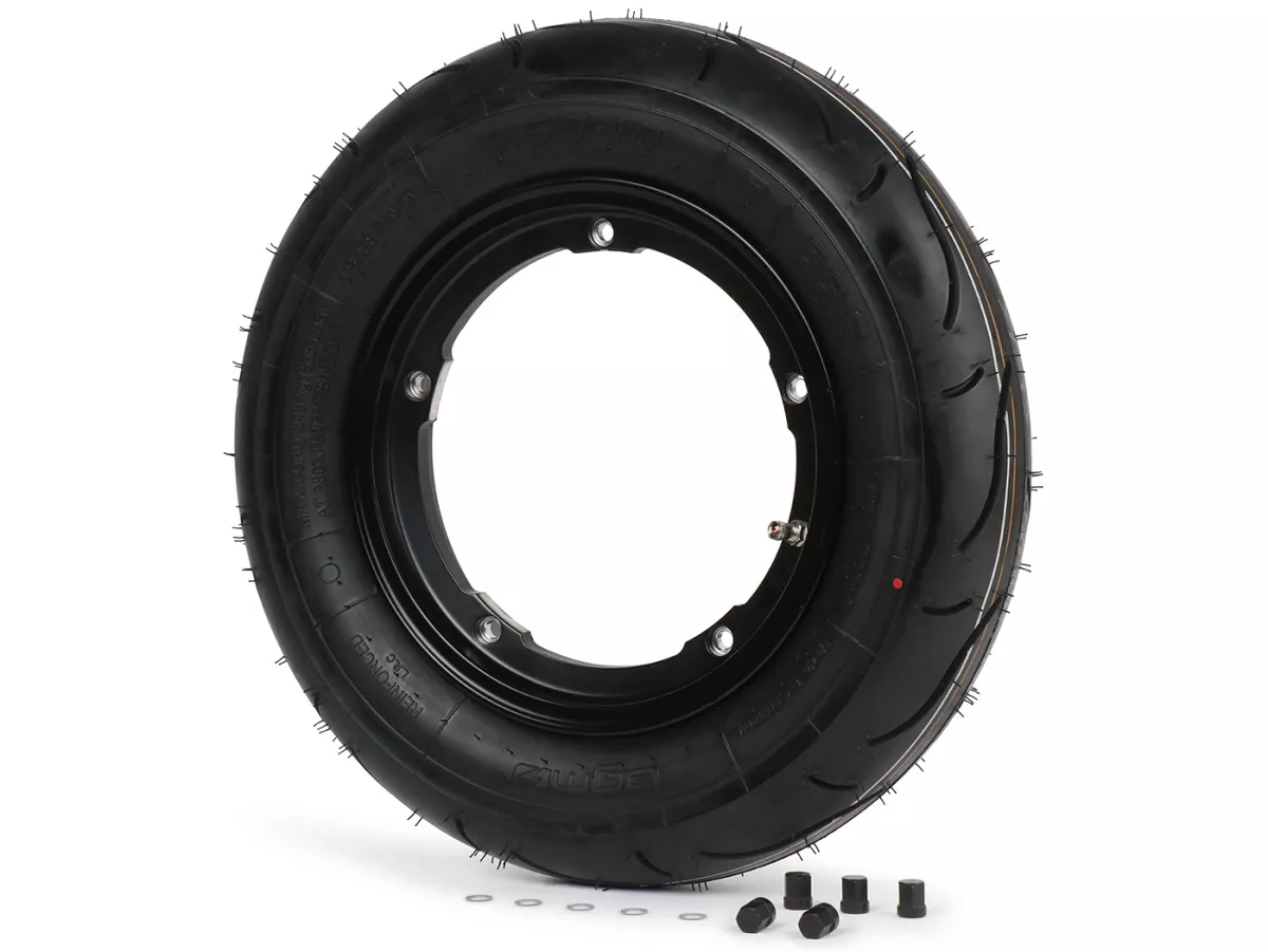 Roue complète - BGM Pro Superstrong - BGM Sport, chambre à air, Vespa Largeframe PX, Sprint, Rally, GT, GTR, TS, T4, LML Star/Stella- 3.50 - 10 pouces TL 59S (reinforced) - Jante 2.10-10 noire matte