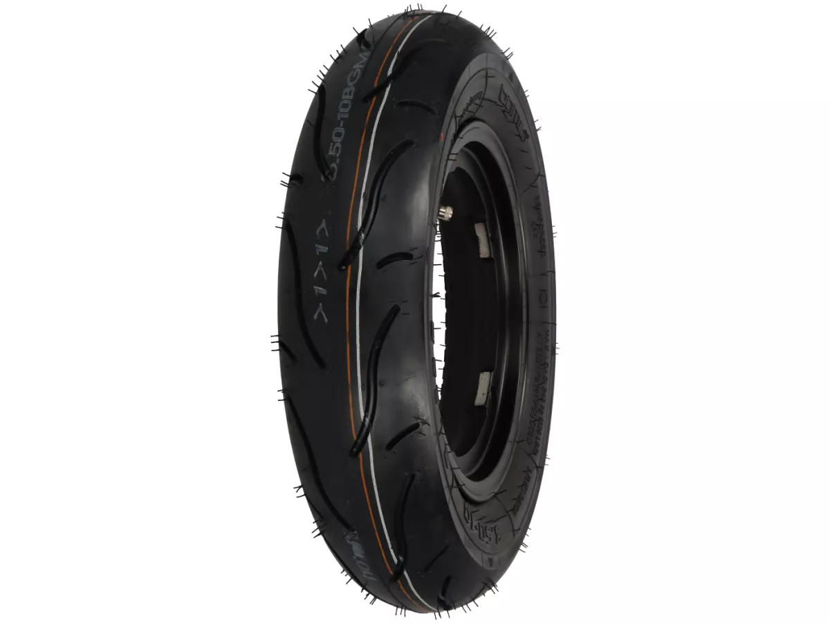 Roue complète - BGM Pro Superstrong - BGM Sport, chambre à air, Vespa Largeframe PX, Sprint, Rally, GT, GTR, TS, T4, LML Star/Stella- 3.50 - 10 pouces TL 59S (reinforced) - Jante 2.10-10 noire matte