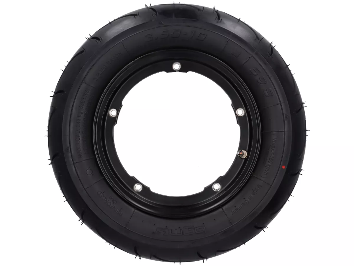 Roue complète - BGM Pro Superstrong - BGM Sport, chambre à air, Vespa Largeframe PX, Sprint, Rally, GT, GTR, TS, T4, LML Star/Stella- 3.50 - 10 pouces TL 59S (reinforced) - Jante 2.10-10 noire matte