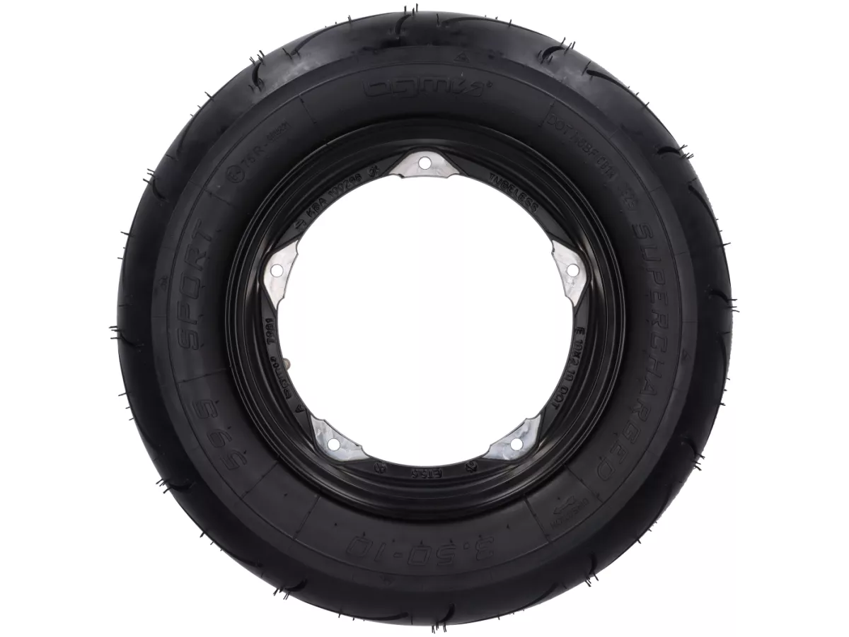 Roue complète - BGM Pro Superstrong - BGM Sport, chambre à air, Vespa Largeframe PX, Sprint, Rally, GT, GTR, TS, T4, LML Star/Stella- 3.50 - 10 pouces TL 59S (reinforced) - Jante 2.10-10 noire matte