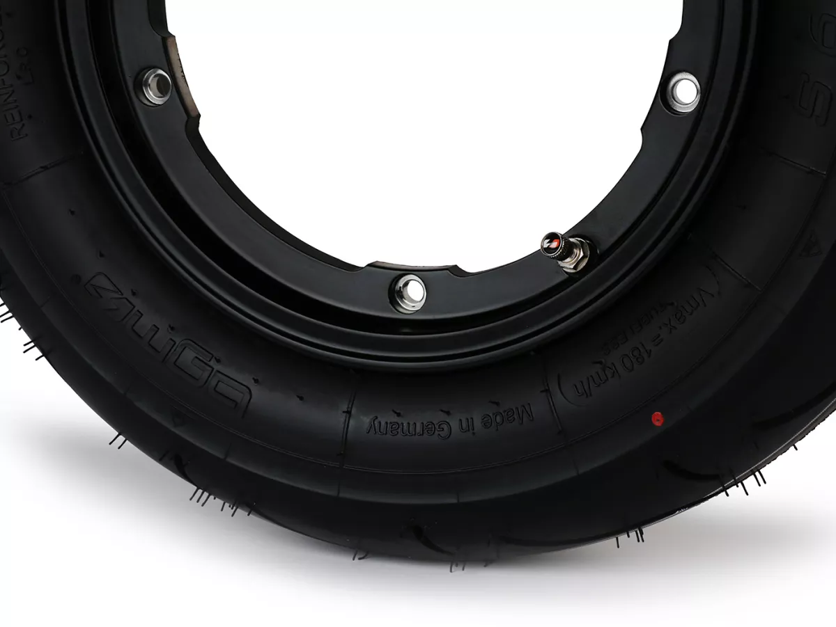 Roue complète - BGM Pro Superstrong - BGM Sport, chambre à air, Vespa Largeframe PX, Sprint, Rally, GT, GTR, TS, T4, LML Star/Stella- 3.50 - 10 pouces TL 59S (reinforced) - Jante 2.10-10 noire matte