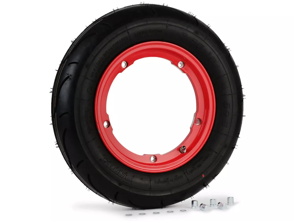 Ruota completa - BGM Pro Superstrong - BGM Sport, tubeless, Vespa Largeframe PX, Sprint, Rally, GT, GTR, TS, T4, LML Star/Stella- 3.50 - 10 pollici TL 59S (rinforzato) - cerchio 2.10-10 rosso