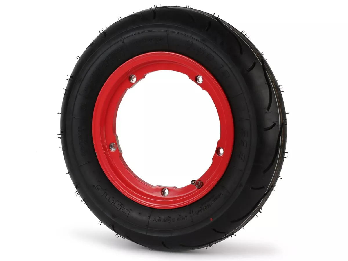 Ruota completa - BGM Pro Superstrong - BGM Sport, tubeless, Vespa Largeframe PX, Sprint, Rally, GT, GTR, TS, T4, LML Star/Stella- 3.50 - 10 pollici TL 59S (rinforzato) - cerchio 2.10-10 rosso