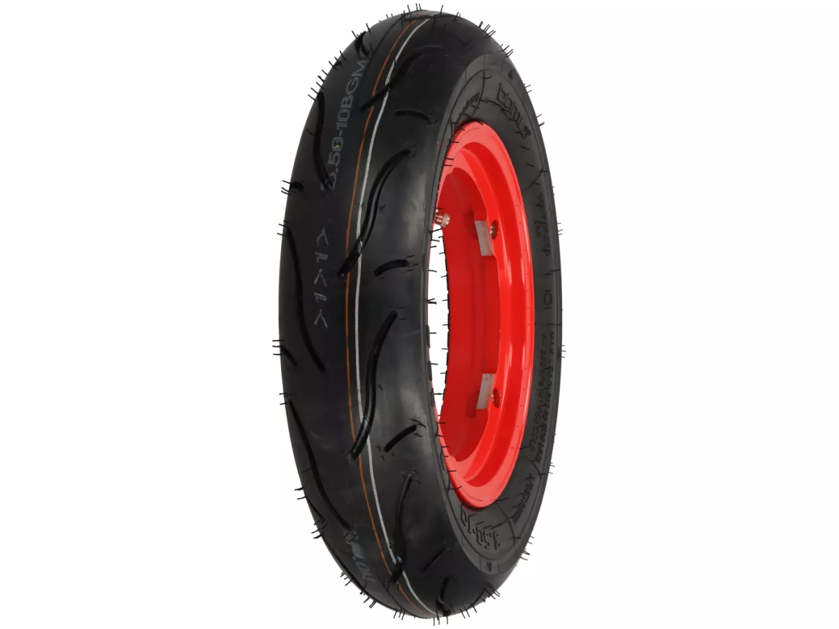 Ruota completa - BGM Pro Superstrong - BGM Sport, tubeless, Vespa Largeframe PX, Sprint, Rally, GT, GTR, TS, T4, LML Star/Stella- 3.50 - 10 pollici TL 59S (rinforzato) - cerchio 2.10-10 rosso
