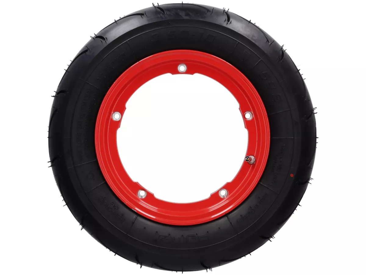 Ruota completa - BGM Pro Superstrong - BGM Sport, tubeless, Vespa Largeframe PX, Sprint, Rally, GT, GTR, TS, T4, LML Star/Stella- 3.50 - 10 pollici TL 59S (rinforzato) - cerchio 2.10-10 rosso