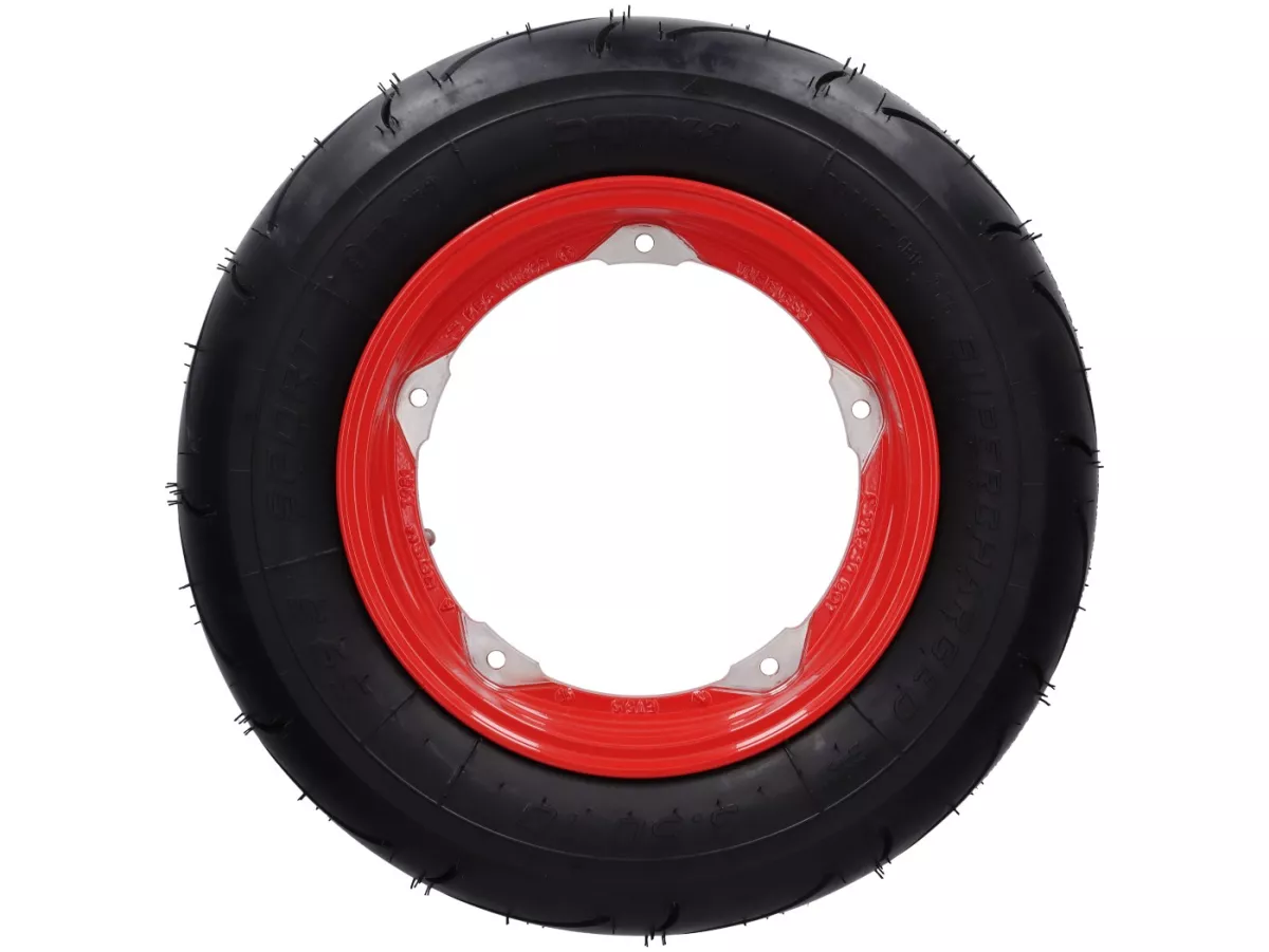 Ruota completa - BGM Pro Superstrong - BGM Sport, tubeless, Vespa Largeframe PX, Sprint, Rally, GT, GTR, TS, T4, LML Star/Stella- 3.50 - 10 pollici TL 59S (rinforzato) - cerchio 2.10-10 rosso