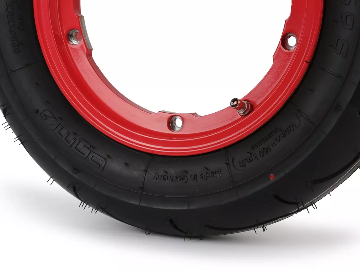 Ruota completa - BGM Pro Superstrong - BGM Sport, tubeless, Vespa Largeframe PX, Sprint, Rally, GT, GTR, TS, T4, LML Star/Stella- 3.50 - 10 pollici TL 59S (rinforzato) - cerchio 2.10-10 rosso