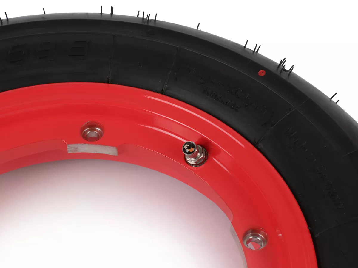 Ruota completa - BGM Pro Superstrong - BGM Sport, tubeless, Vespa Largeframe PX, Sprint, Rally, GT, GTR, TS, T4, LML Star/Stella- 3.50 - 10 pollici TL 59S (rinforzato) - cerchio 2.10-10 rosso