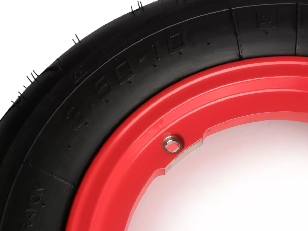 Ruota completa - BGM Pro Superstrong - BGM Sport, tubeless, Vespa Largeframe PX, Sprint, Rally, GT, GTR, TS, T4, LML Star/Stella- 3.50 - 10 pollici TL 59S (rinforzato) - cerchio 2.10-10 rosso