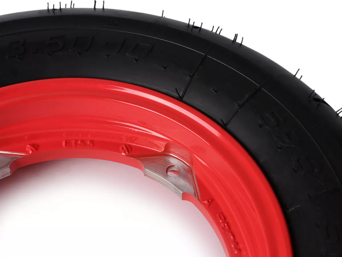 Ruota completa - BGM Pro Superstrong - BGM Sport, tubeless, Vespa Largeframe PX, Sprint, Rally, GT, GTR, TS, T4, LML Star/Stella- 3.50 - 10 pollici TL 59S (rinforzato) - cerchio 2.10-10 rosso