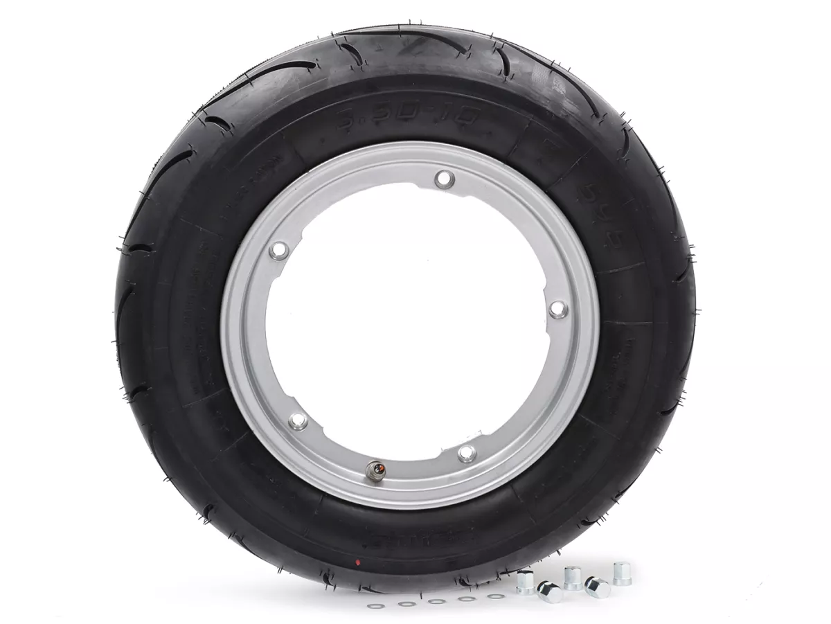 Roda lengkap - BGM Pro Superstrong -BGM Sport, tubeless, Vespa Largeframe PX, Sprint, Rally, GT, GTR, TS, T4, LML Star/Stella- 3.50 - 10 inci TL 59S (diperkuat) - Pelek 2.10-10 - Silver