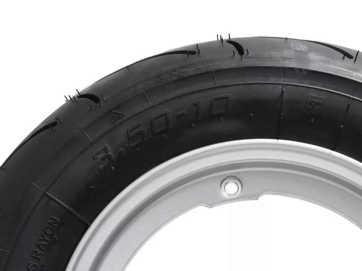 Roda lengkap - BGM Pro Superstrong -BGM Sport, tubeless, Vespa Largeframe PX, Sprint, Rally, GT, GTR, TS, T4, LML Star/Stella- 3.50 - 10 inci TL 59S (diperkuat) - Pelek 2.10-10 - Silver