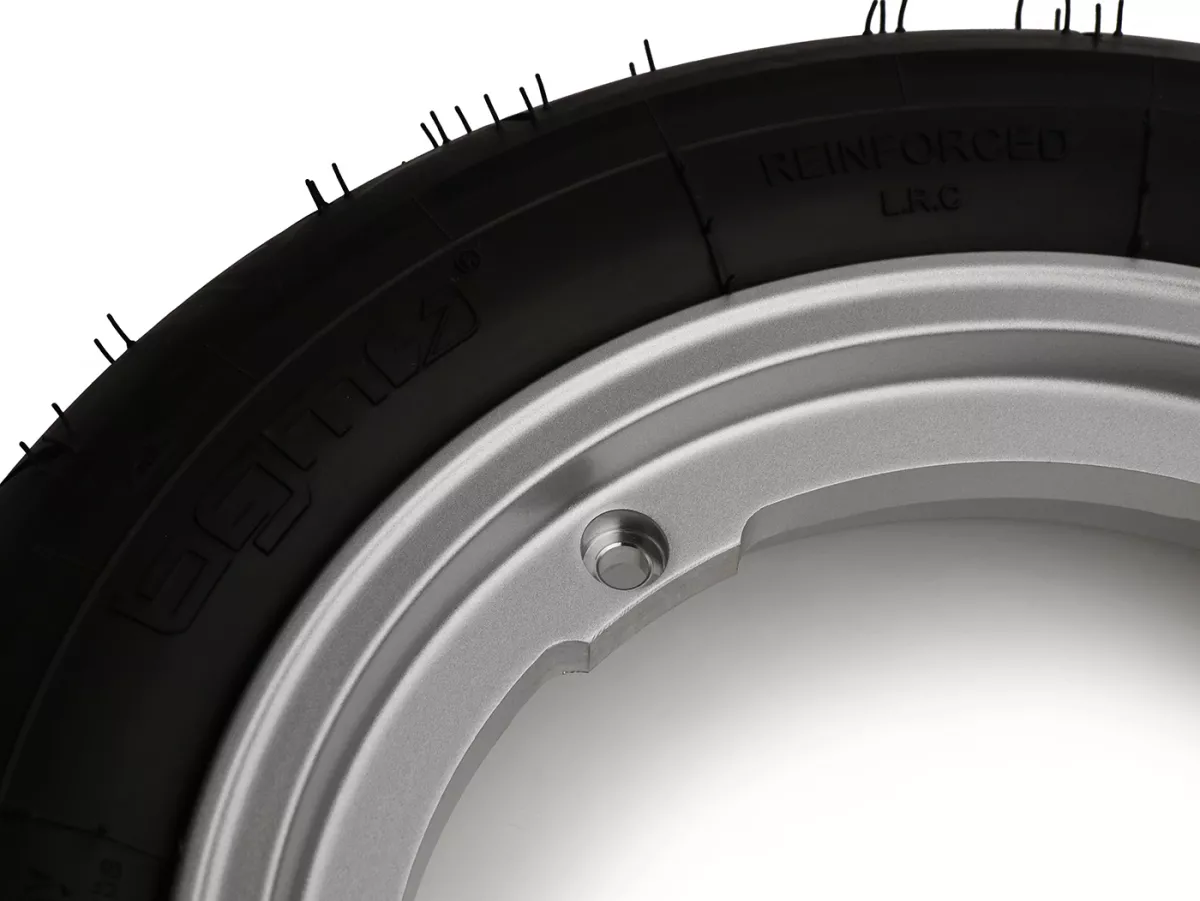 Roda lengkap - BGM Pro Superstrong -BGM Sport, tubeless, Vespa Largeframe PX, Sprint, Rally, GT, GTR, TS, T4, LML Star/Stella- 3.50 - 10 inci TL 59S (diperkuat) - Pelek 2.10-10 - Silver