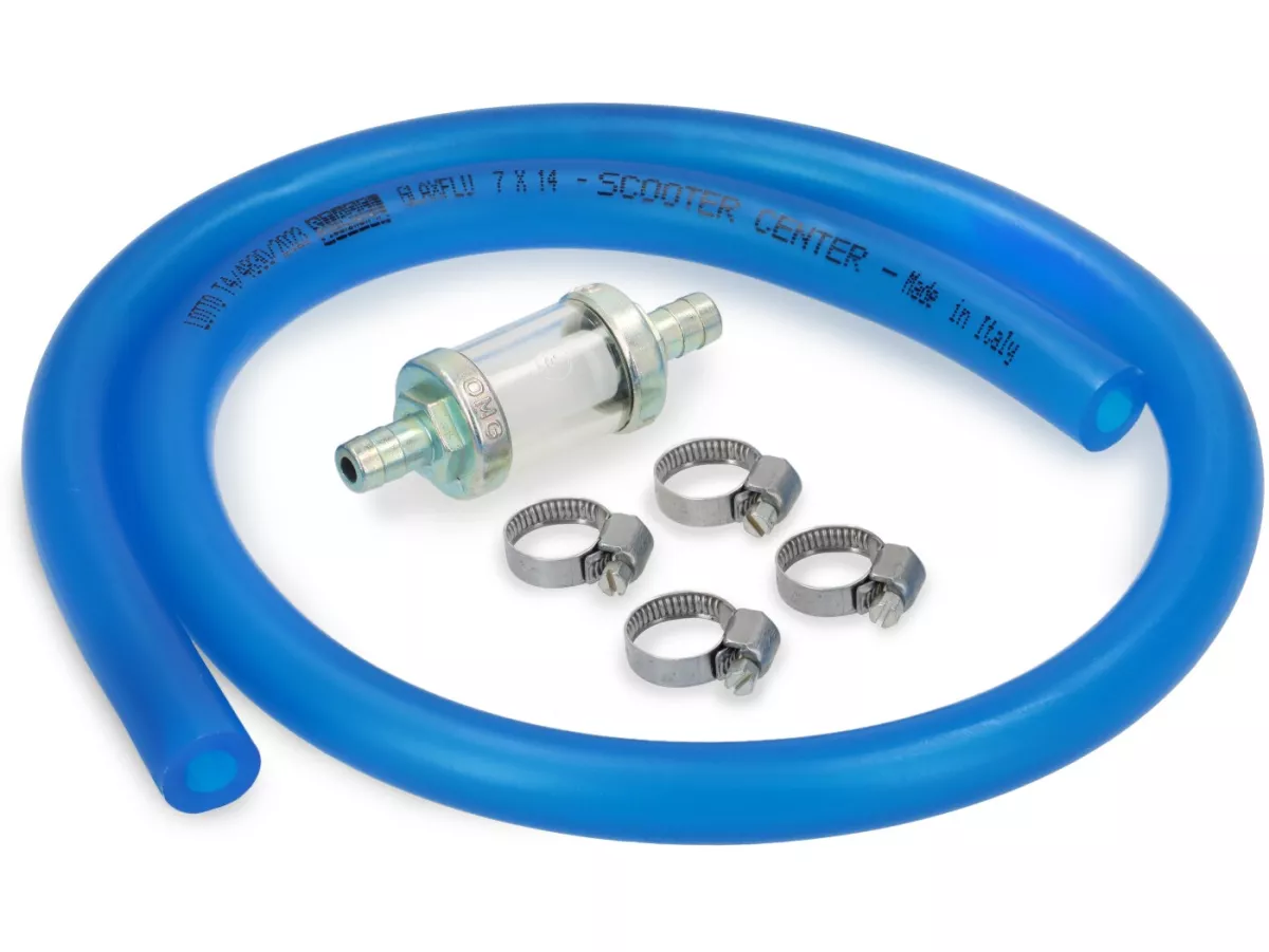 Petrol hose set incl. petrol filter -BGM ORIGINAL Ø7x14mm- Polyurethane - Vespa Classic (Ø inner = 7mm, Ø outer = 14mm, length = 750mm) - blue - fits Vespa Largeframe PX, T5, Cosa, Rally, Sprint, VNA, VNB, VBA, VBB, Super, GT, GTR, TS, LML, Motovespa etc.