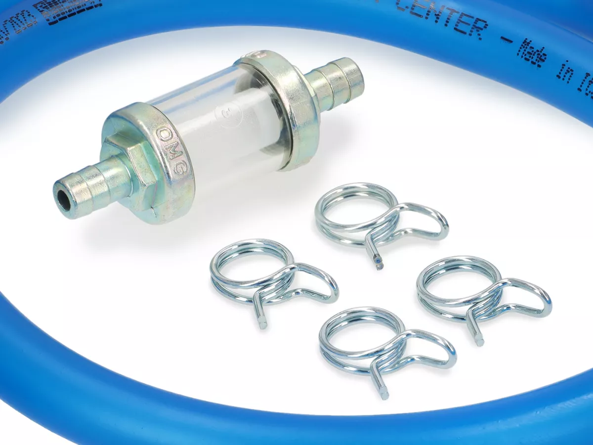 Set de tuyaux d'essence, y compris le filtre à essence -BGM ORIGINAL Ø7x14mm- Polyuréthane - Vespa Classique (Ø intérieur = 7mm, Ø extérieur = 14mm, longueur= 750mm) - bleu - convient pour Vespa Largeframe PX, T5, Cosa, Rally, Sprint, VNA, VNB, VBA, VBB,