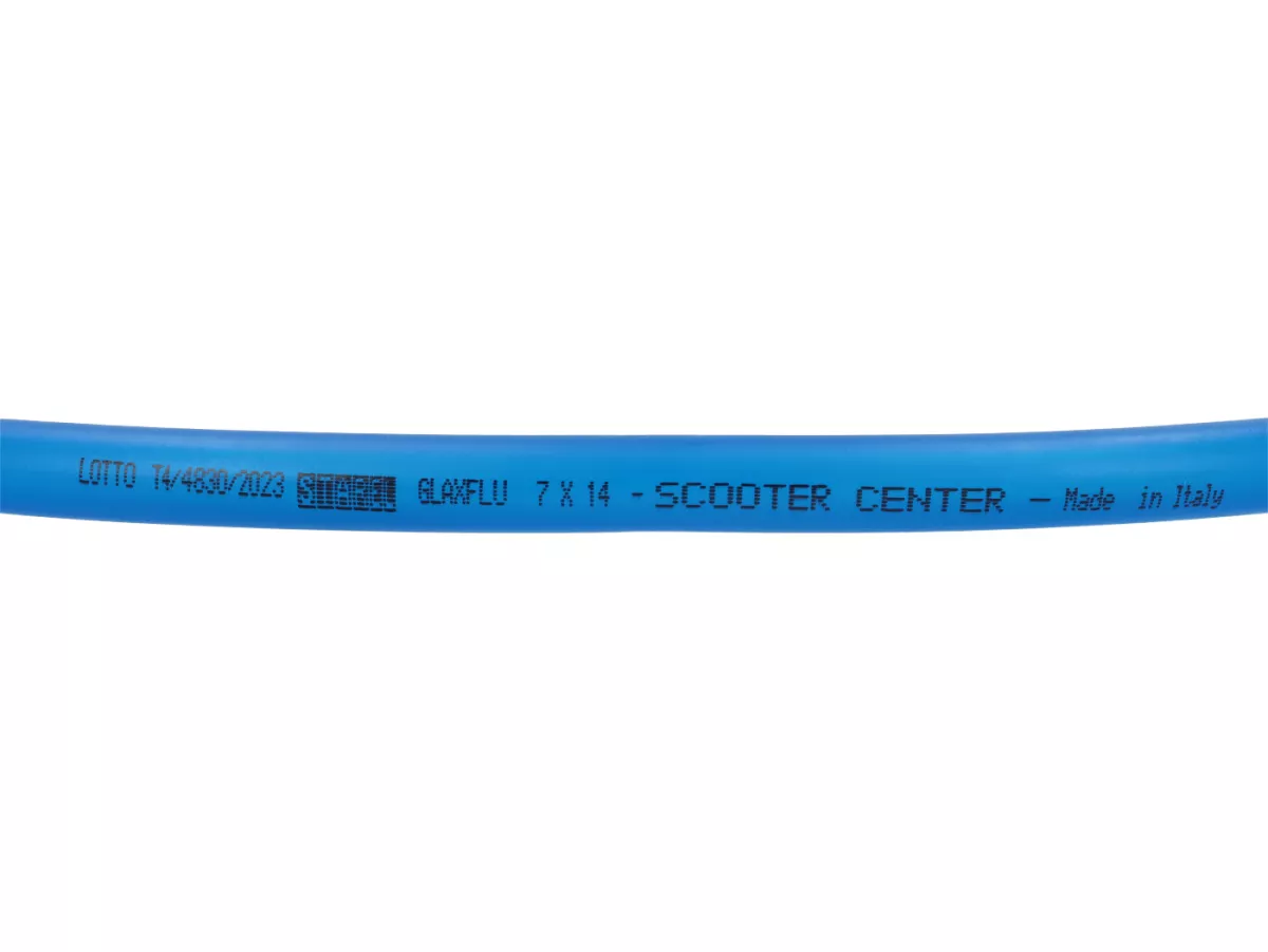 Set de tuyaux d'essence, y compris le filtre à essence -BGM ORIGINAL Ø7x14mm- Polyuréthane - Vespa Classique (Ø intérieur = 7mm, Ø extérieur = 14mm, longueur= 750mm) - bleu - convient pour Vespa Largeframe PX, T5, Cosa, Rally, Sprint, VNA, VNB, VBA, VBB,