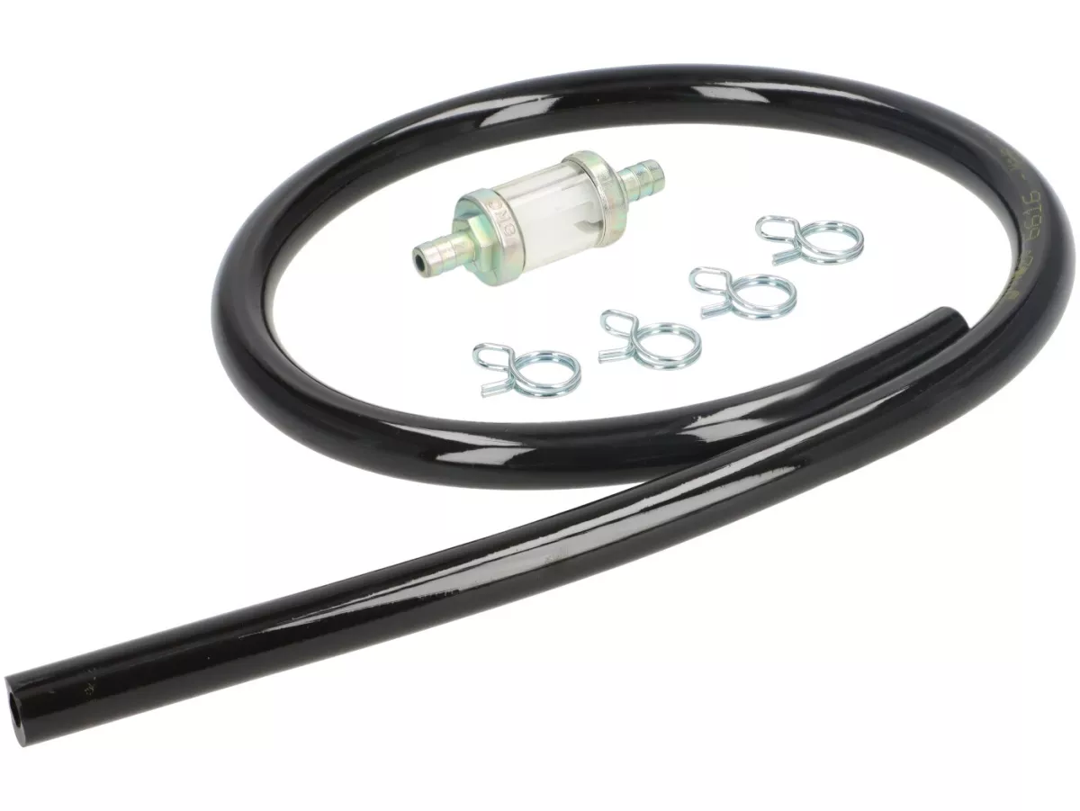 Benzinschlauch-Set inkl. Benzinfilter und Schlauchklemmen -BGM PRO Ø7x14mm - TPR/PUR (nicht aushärtend)- Vespa Klassik (Ø innen = 7mm, Ø aussen = 14mm, länge = 750mm) - schwarz - passend für Vespa Largeframe PX, T5, Cosa, Rally, Sprint, VNA, VNB, VBA, VBB