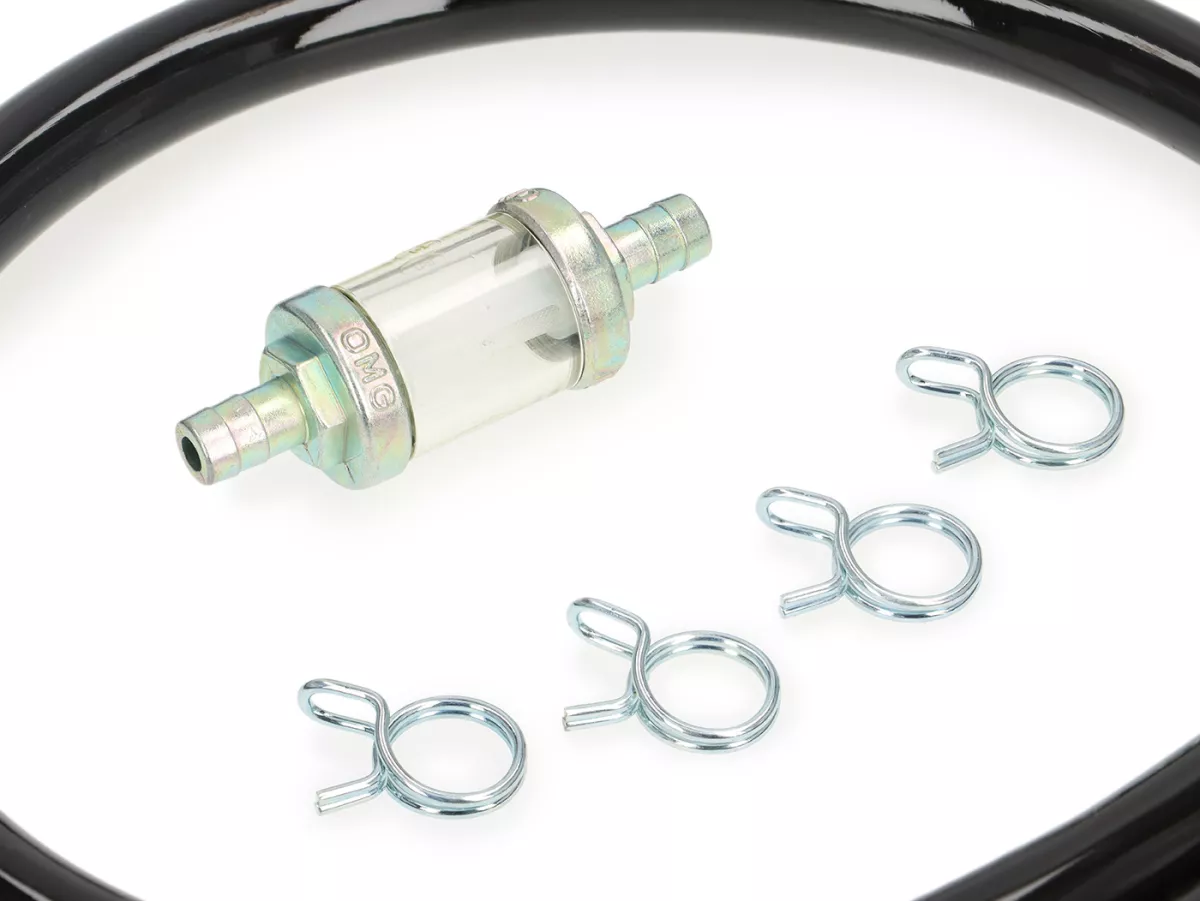 Benzinschlauch-Set inkl. Benzinfilter und Schlauchklemmen -BGM PRO Ø7x14mm - TPR/PUR (nicht aushärtend)- Vespa Klassik (Ø innen = 7mm, Ø aussen = 14mm, länge = 750mm) - schwarz - passend für Vespa Largeframe PX, T5, Cosa, Rally, Sprint, VNA, VNB, VBA, VBB