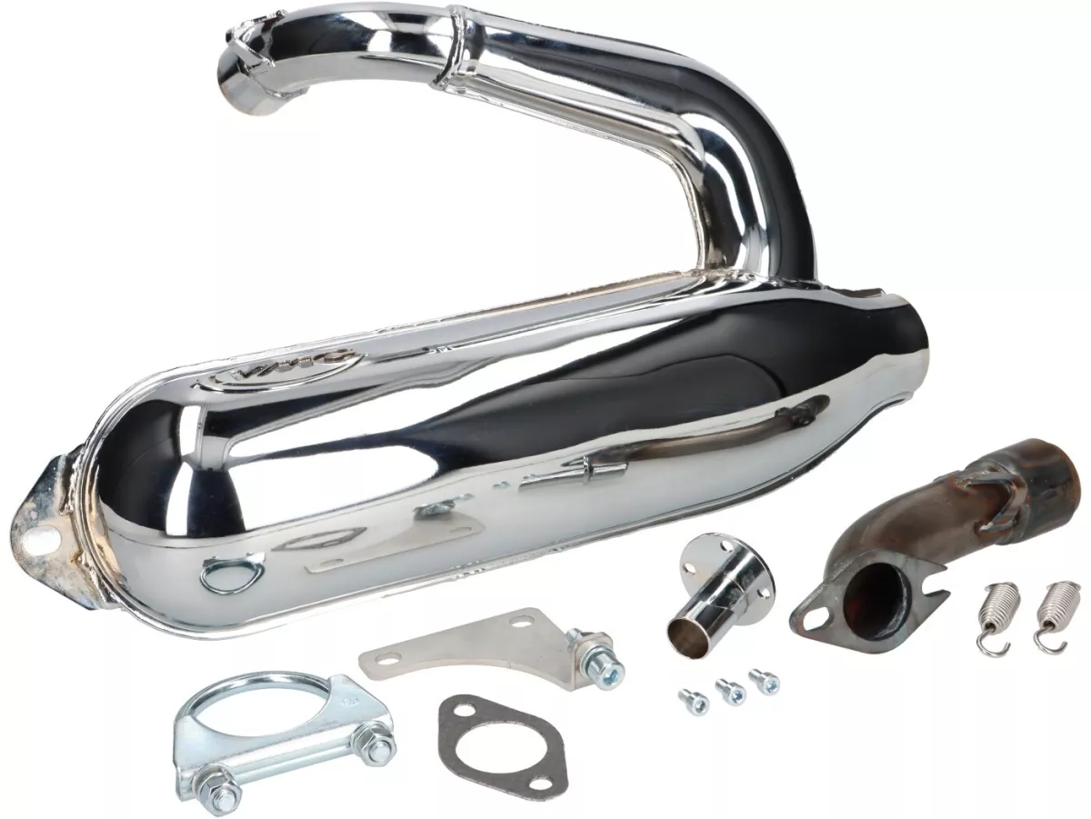 Exhaust -VMC Tork- Smallframe SILURO SPORT- Smallframe 135-170ccm - VMC GS56/58, ET6, ET7, Pinasco Zuera, Quattrini M1 56-60, M1-60B, M1l 56-60 (52-60mm stud spacing)- Vespa V50, 50N, SS50, 50 SR, V90, ET3, PV125 - chrome-plated